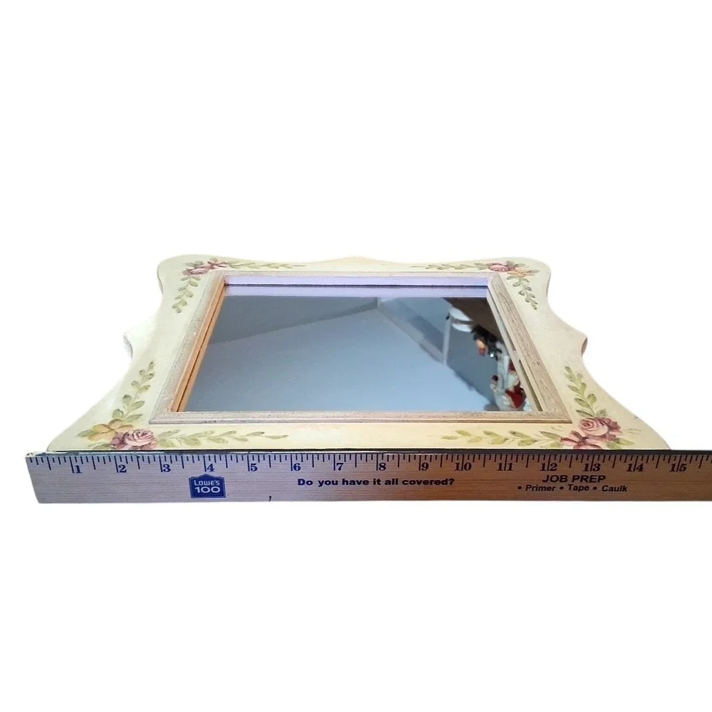 Cottage Core French Country Antiqued Green Pink Yellow Floral Wall Mirror 15.5